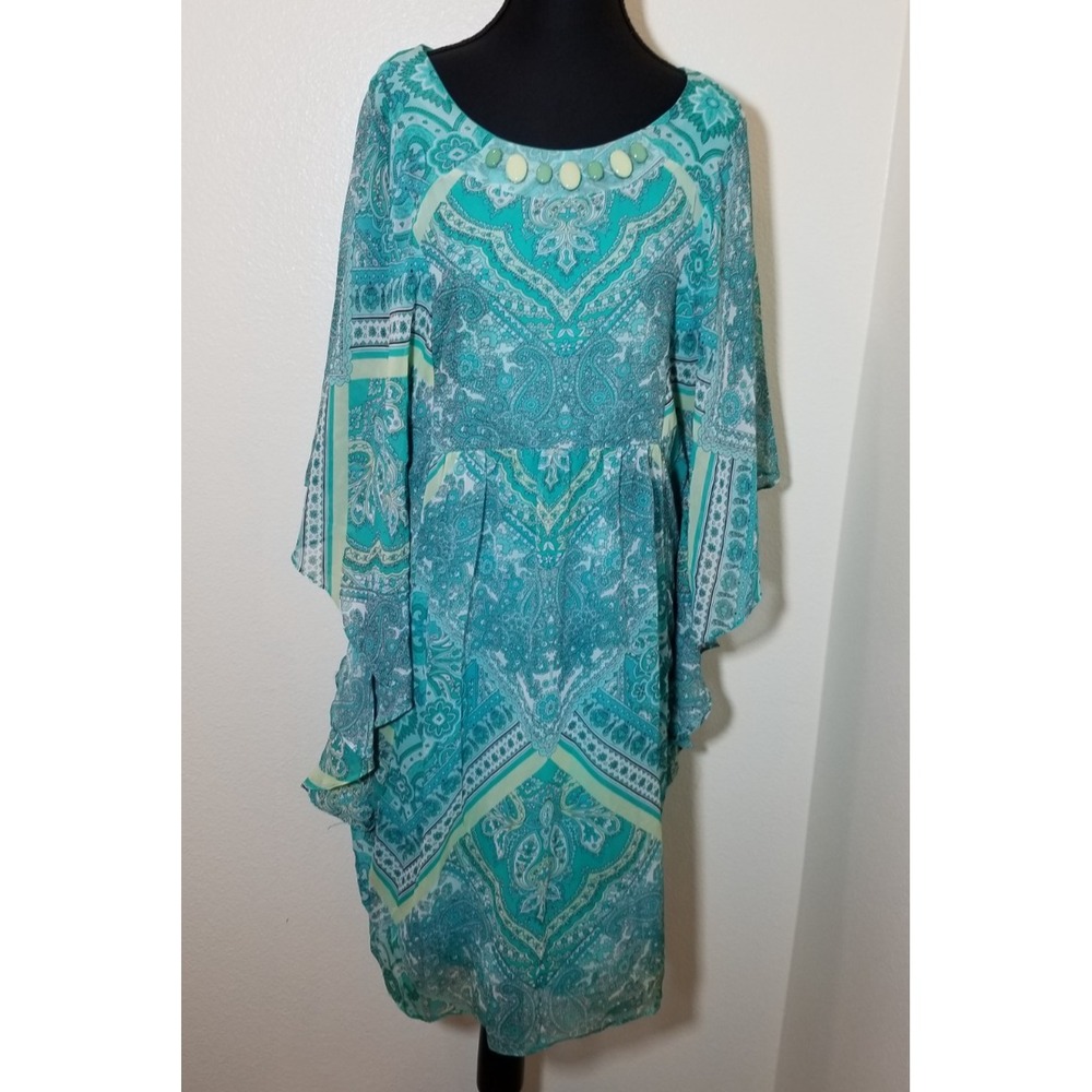 Signature by Robbie Bee Chiffon Dress Sz 12 Teal Boho Peasant Cottage Coastal